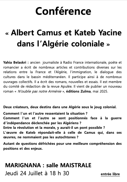 Conférence - « Albert Camus et Kateb Yacine dans l’Algérie coloniale »